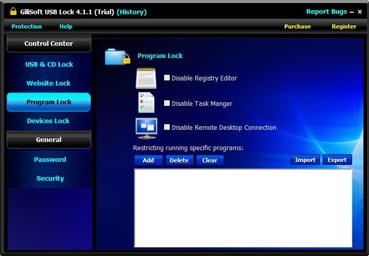 The Program Lock tab in GiliSoft USB Lock