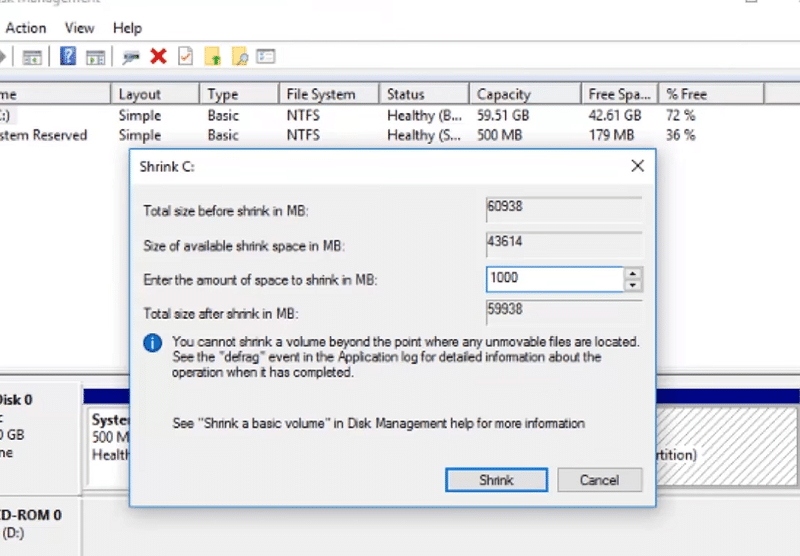 enter 1,000 in Shrink C to create a recovery partition Windows 10