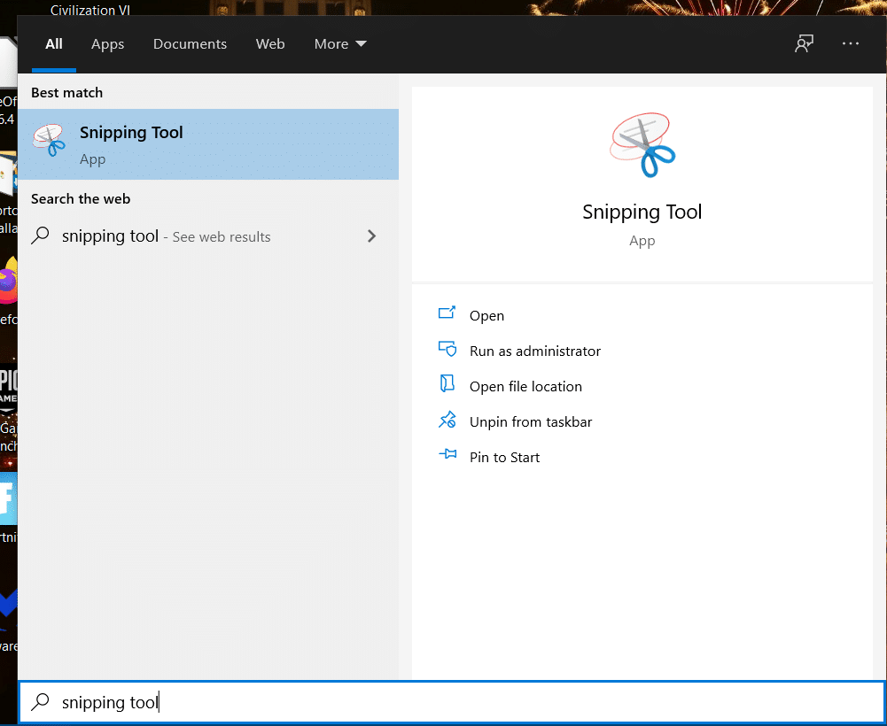 Enter “Snipping Tool” in the text box