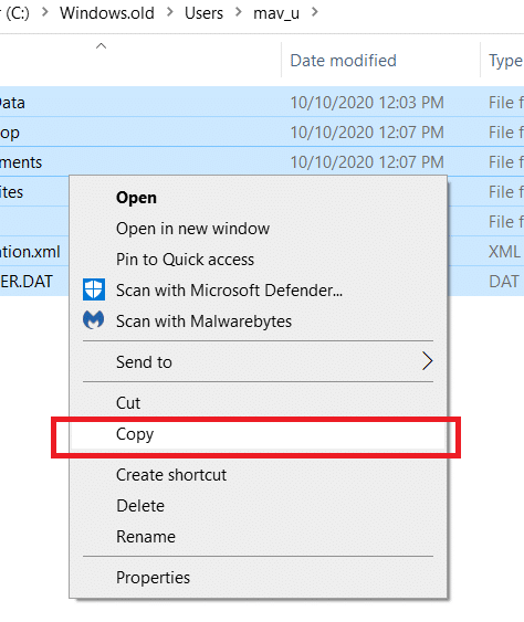 choose Copy option to copy Windows old files