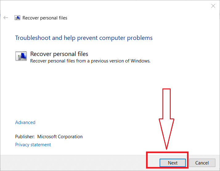 click Next in Recover personal files window