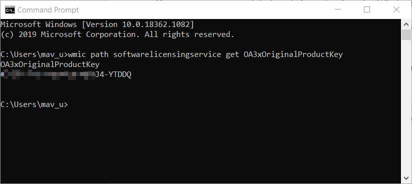 enter command to find Windows 10 product key using command prompt
