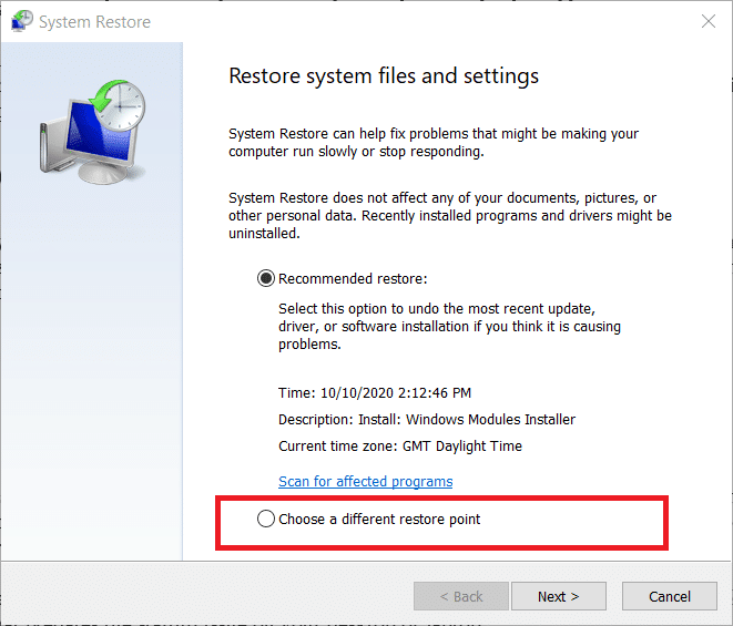 select “Choose a different restore point” option