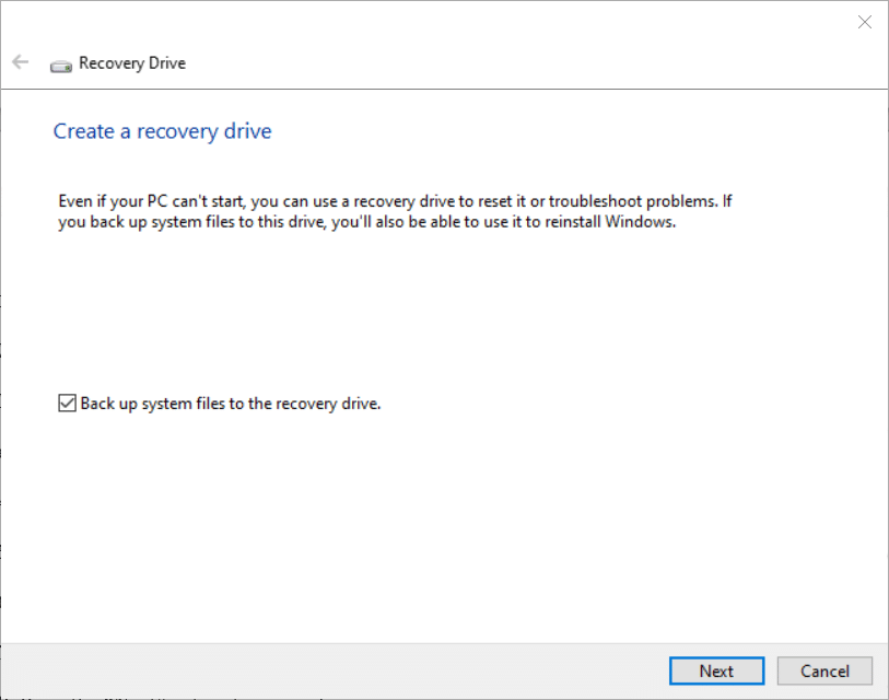 Select the “Back up system files to the recovery drive”