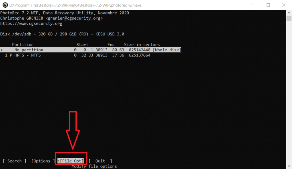 choose “File Opt” option to recover specific format files