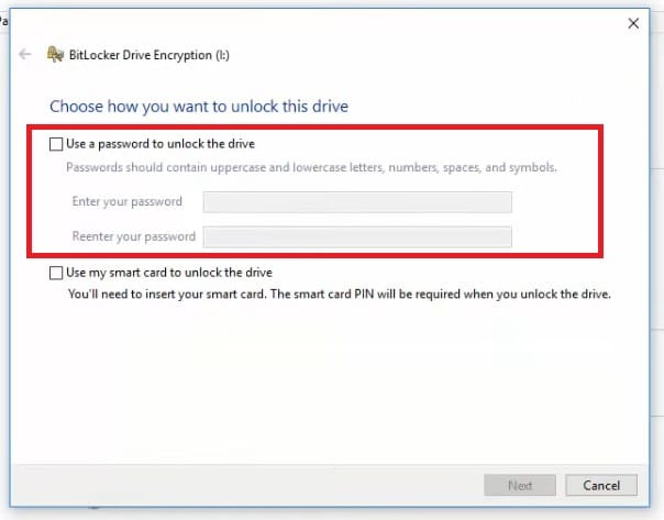 choose “Use a password to unlock the drive” to encrypt SD card