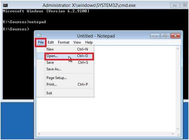 launch notepad to recover files from unbootable Windows 10