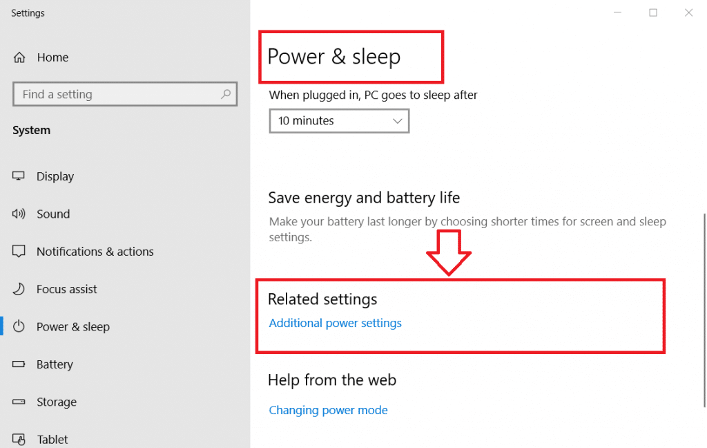 Click “Additional power settings” in Power & sleep