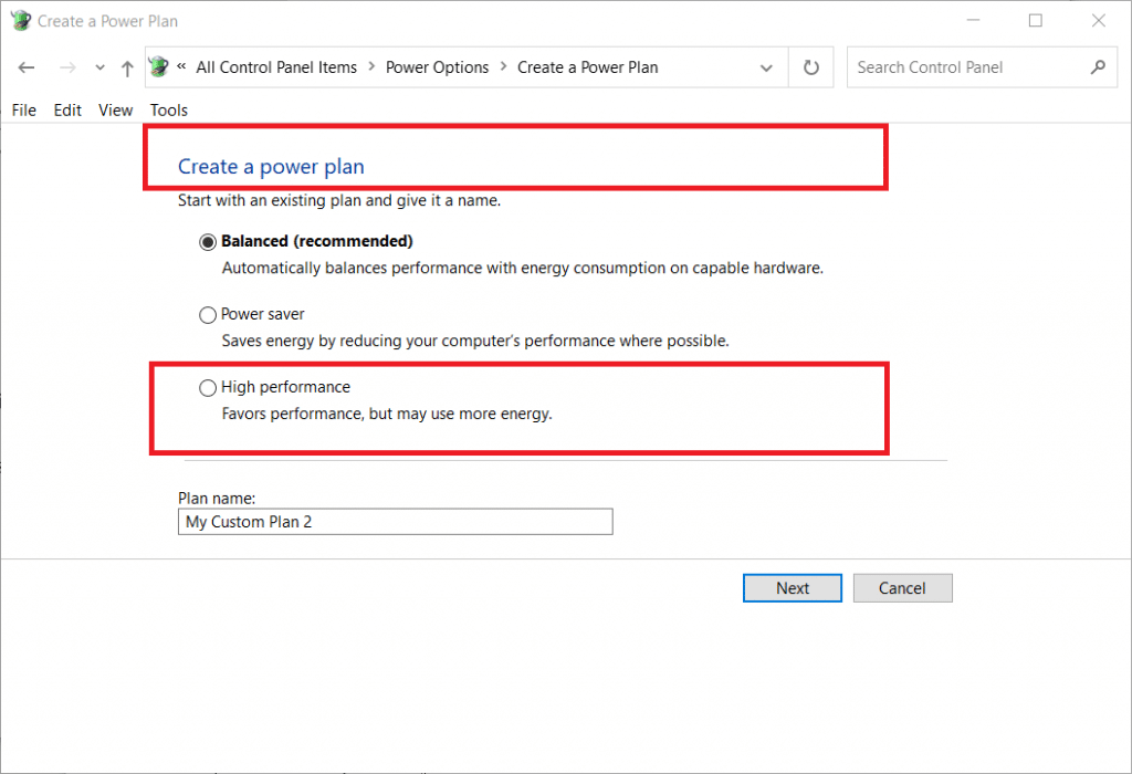 select "High performance" in create a power plan settings