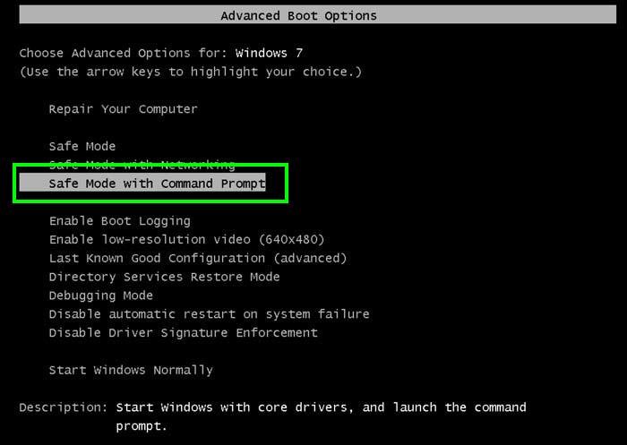 Choose the option Safe Mode with Command Prompt