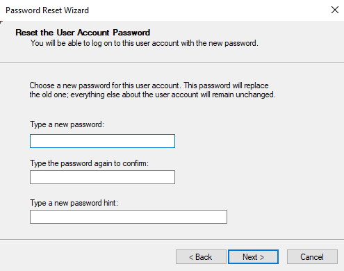tapez votre nouveau mot de passe pour Windows 10