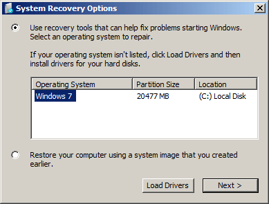 Options de récupération système sur Windows 7