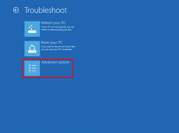 Options avancées dans troubleshoot sur Windows 8