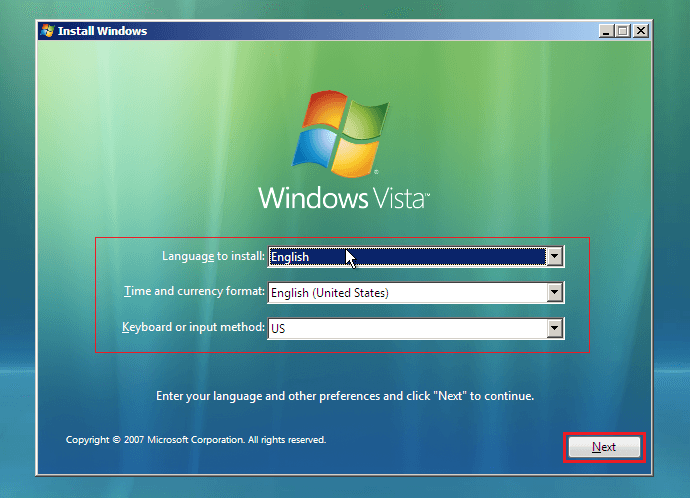 enter your language and other preferences and click next to continue Windows Vista password reset