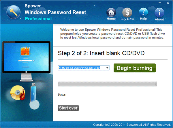 Begin burning laptop password reset disk