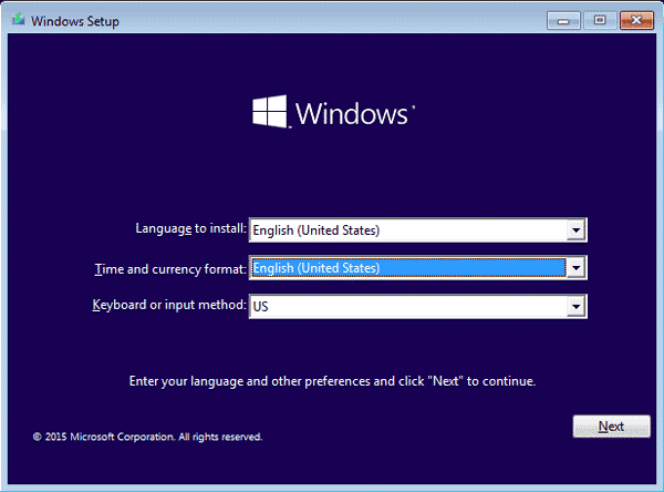 choose the language on Windows Setup