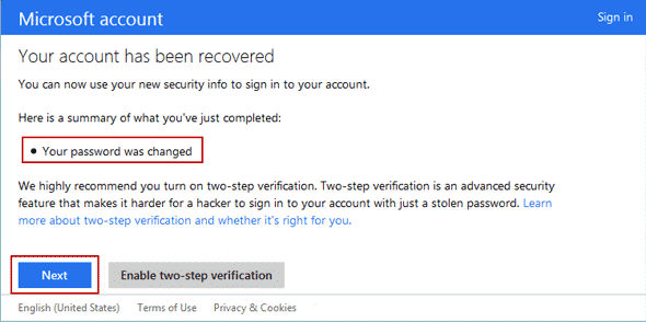 Microsoft Windows 8 votre mot de passe a été réinitialisé