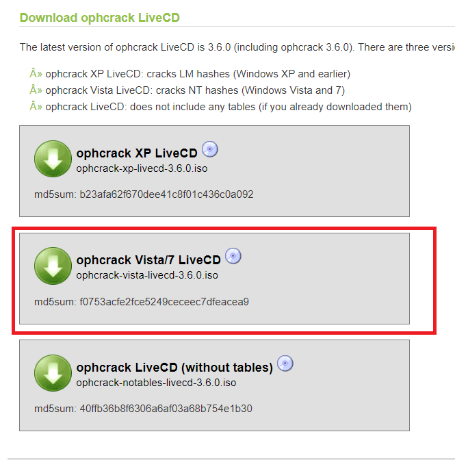 Wählen Sie die Option Download ophcrack LiveCD
