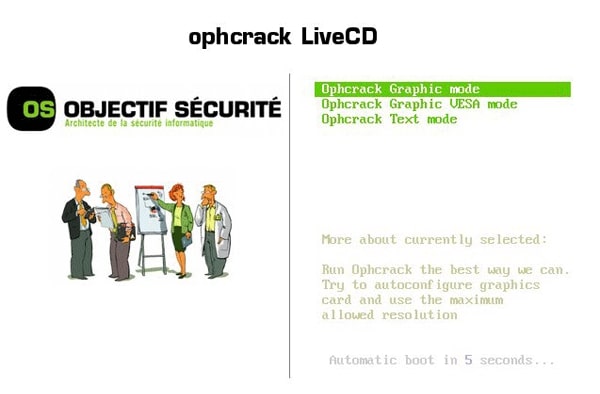 interface d'ophcrack sur l'ordinateur bloqué