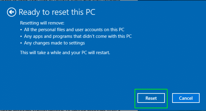 Wählen Sie Reset, um das Windows 10-Kennwort für Acer-Laptops auf die Werkseinstellungen zurückzusetzen