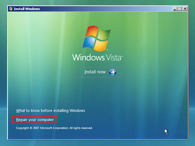 hcliquez sur repair your computer pour réinitialiser le mot de passe Windows Vista sans disque
Sélectionnez votre installation Windows Vista
