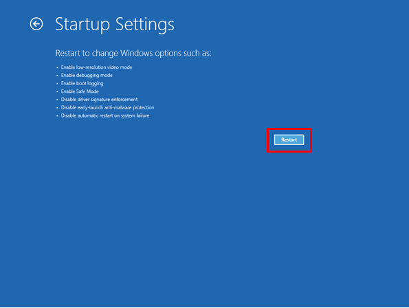 select restart in startup settings