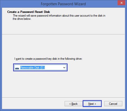 select the drive to create a Windows 8 password reset disk