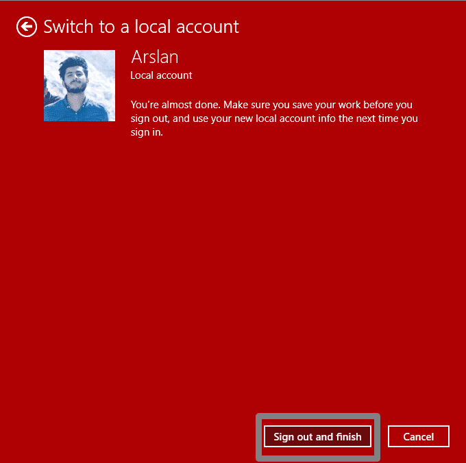 sign out and finish to switch to local account in Windows 10
