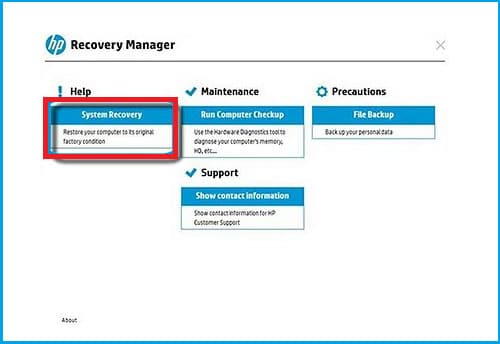 Select System Recovery in HP laptop