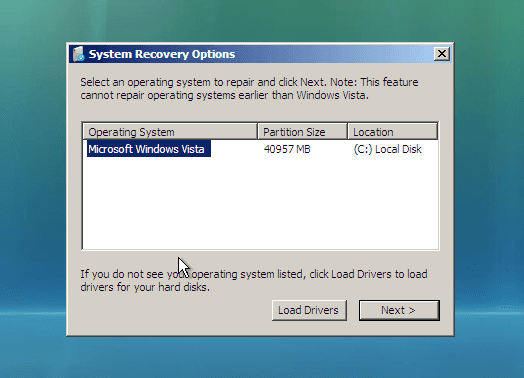 Options de récupération système sur Windows Vista