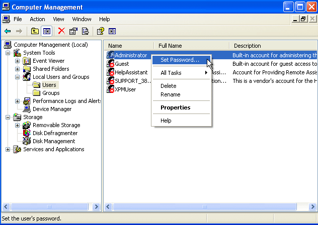 Wählen Sie Passwort zurücksetzen Konto, um das Passwort unter Windows XP zu bestimmen