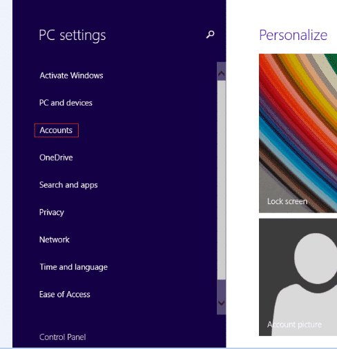 Click Accounts in Windows 8 PC settings