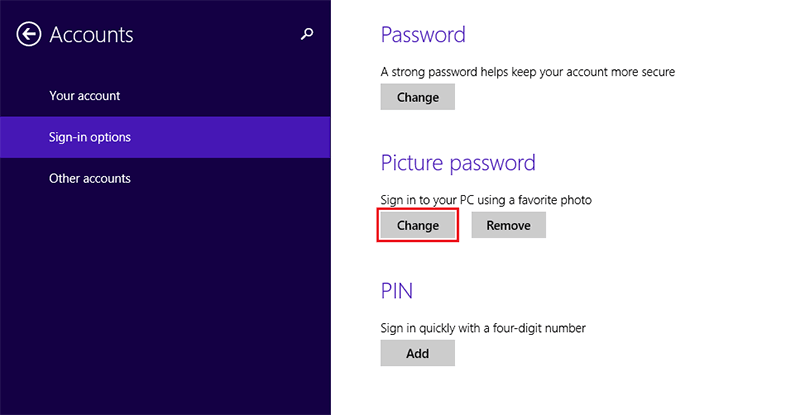 Click change under Picture password in Windows 8
