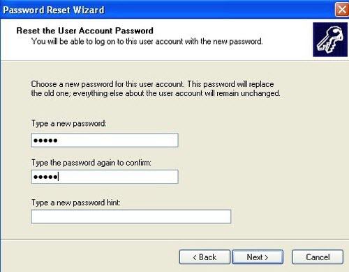 Enter the new password for Windows XP