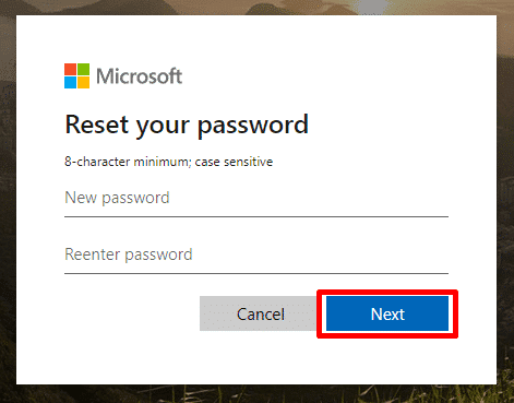 enter the new password to reset Microsoft account password