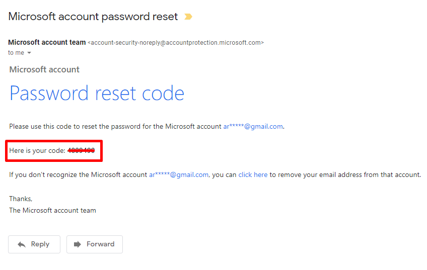 Find the password reset code of Microsoft account