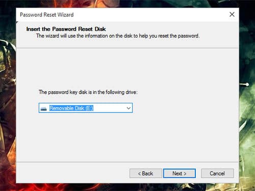 Selecting the device for password reset Wizard