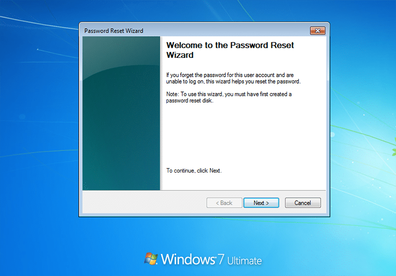 password reset wizard in laptop