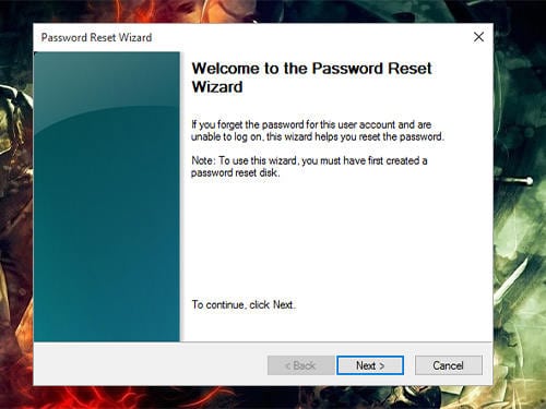 Password reset wizard in Toshiba laptop