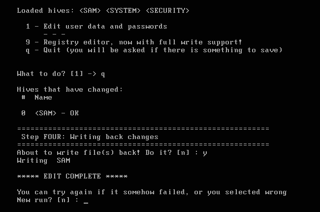 quittez le logiciel Offline NT Password and Registry Editor sur l’ordinateur portable Toshiba