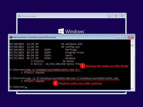 Commandes de remplacement pour réinitialiser le mot de passe Windows 10