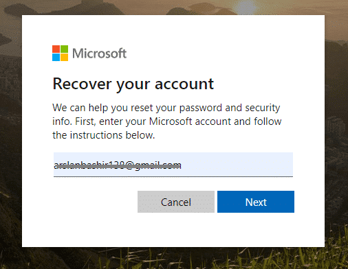 Geben Sie eine E-Mail ein, die mit Ihrem Microsoft-Konto verknüpft ist