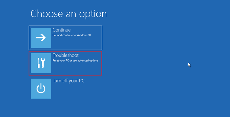 Select Troubleshoot in Windows 10