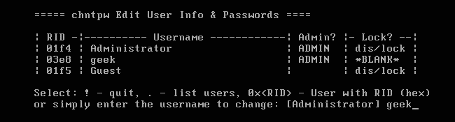tapez le nom d'utilisateur dans NT Password