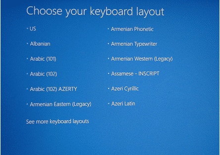 Choose Keyboard Layout to reformat Sony Vaio laptop to factory settings