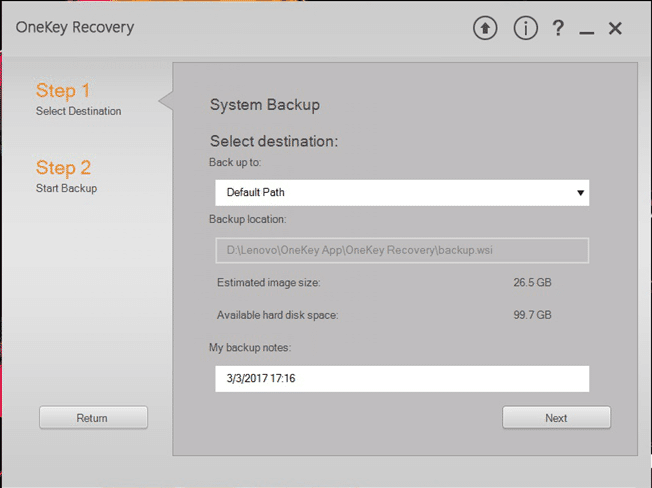 Choose The Backup Location in Lenovo OneKey Recovery