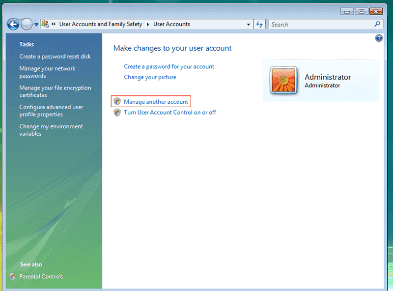 Click on Manage another account to reset Windows Vista password