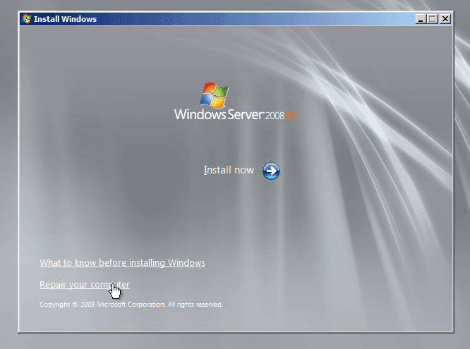 click Repair your computer in Windows server 2008 r2 Install Windows