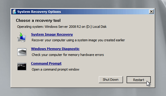 click Restart the Windows server 2008 r2