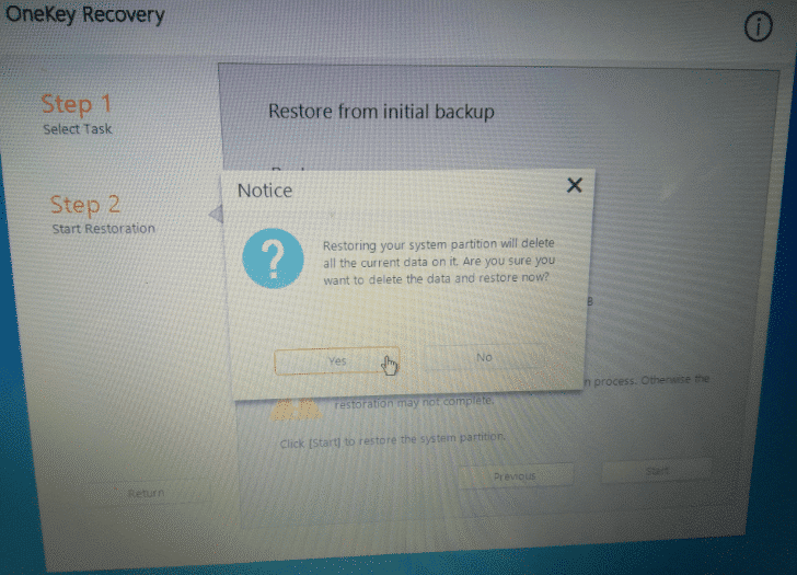 Click YES On The Notice Pop Up to use Lenovo Onekey Recovery reset